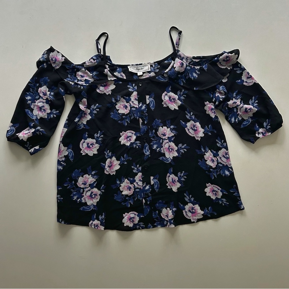 Hippie Rose Black Floral Button-Front Top with Pink & Blue Blooms Size S